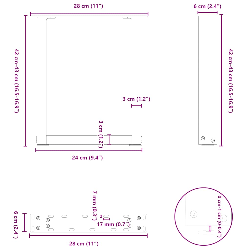 Natural Steel U-Shaped Coffee Table Legs 2 pcs, Adjustable 28x42-43 cm