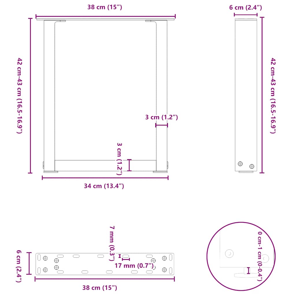 Natural Steel U-Shaped Coffee Table Legs, 2 pcs, Adjustable Height