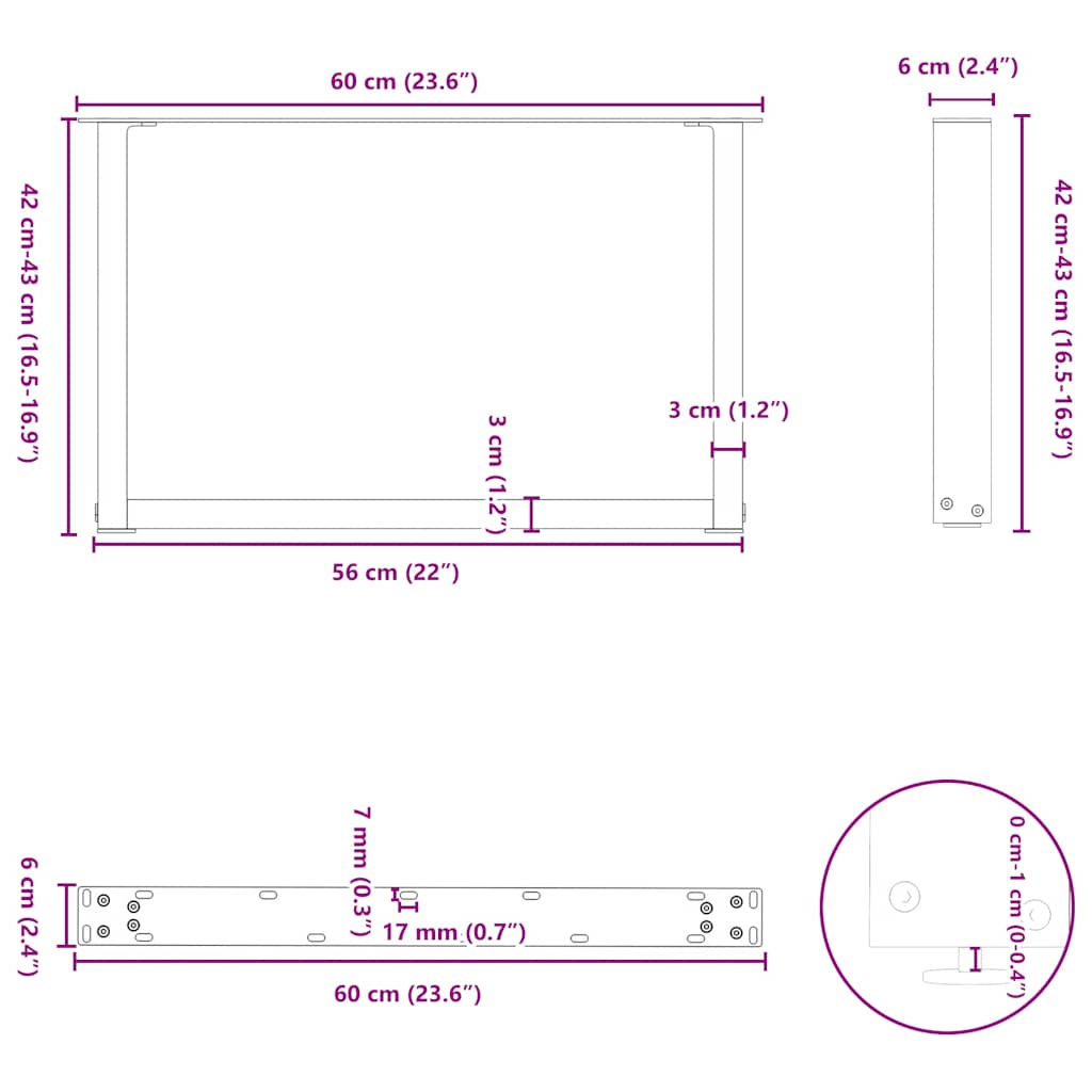 White U-Shaped Steel Coffee Table Legs, 2 Pack, 60x(42-43) cm