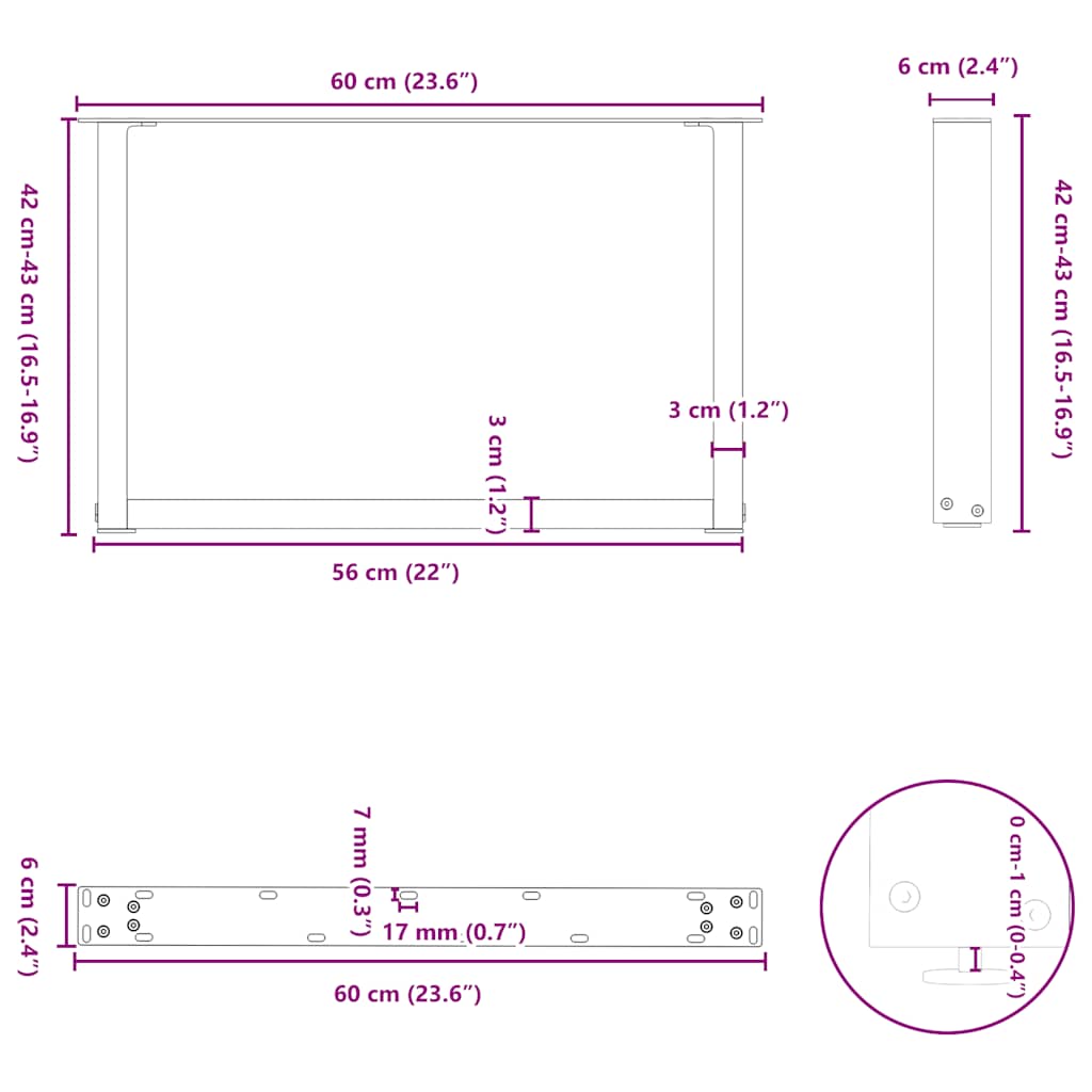 Natural Steel U-Shaped Coffee Table Legs, 2 Pcs, Adjustable 60 cm