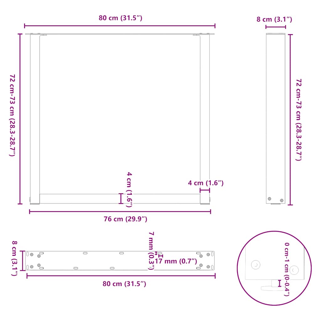 Natural Steel U-Shaped Dining Table Legs, 3pcs, Adjustable 80cm
