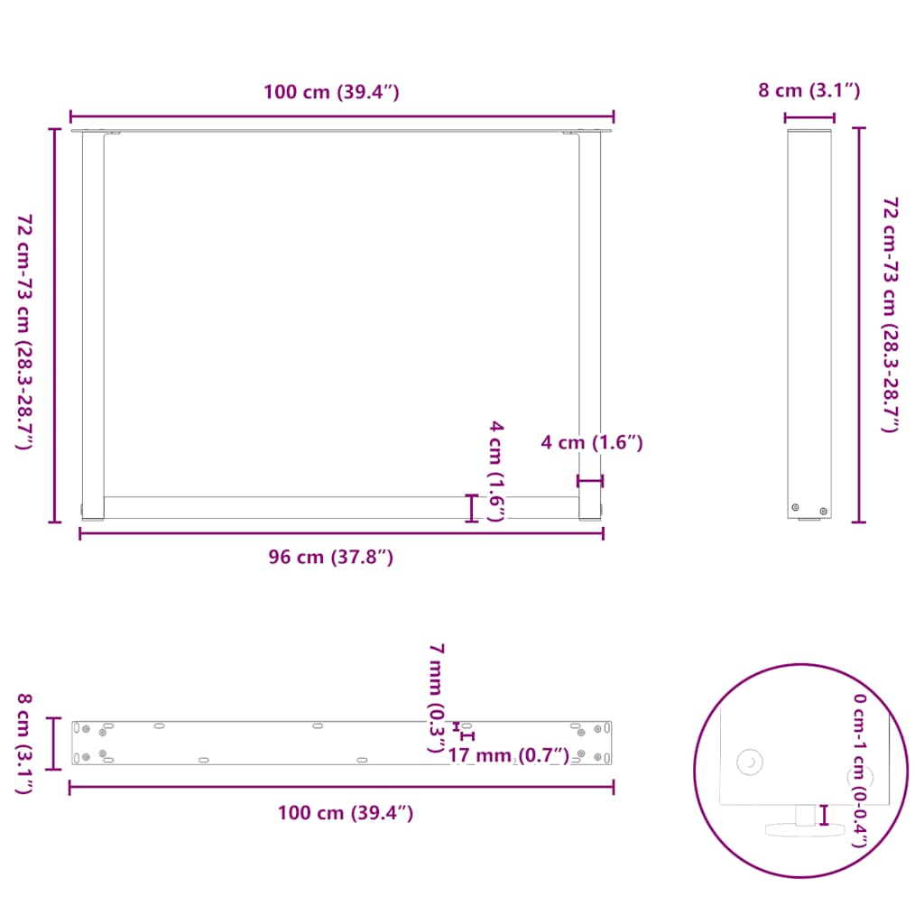 Natural Steel U-Shaped Dining Table Legs 3 pcs, Adjustable 100 cm
