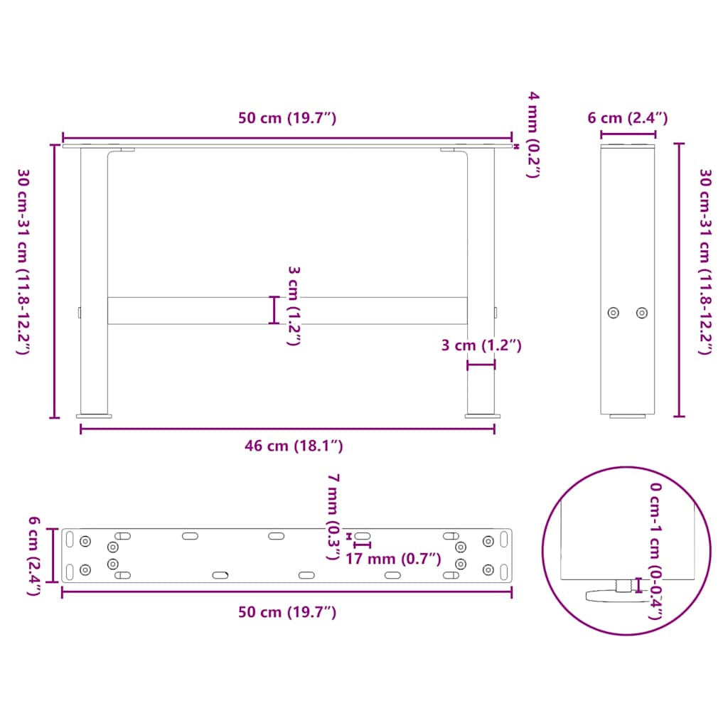 Black Steel Coffee Table Legs, 2 pcs, Adjustable 50x(30-31)cm