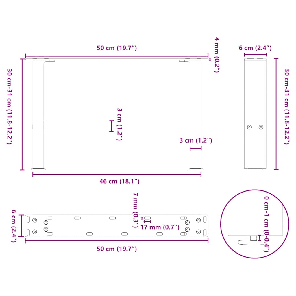 Natural Steel Coffee Table Legs, 2pcs, Adjustable 50x(30-31) cm