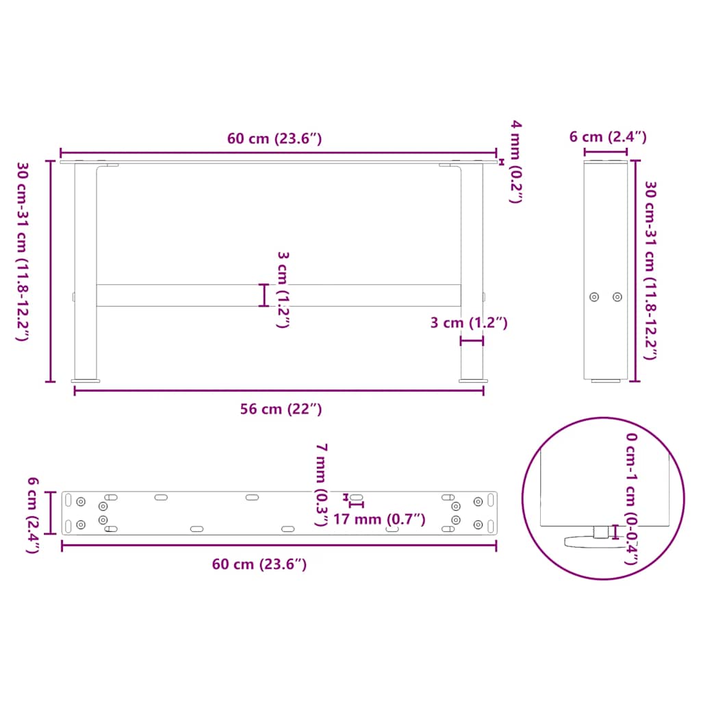 Natural Steel Coffee Table Legs, 2 pcs, 60x(30-31) cm