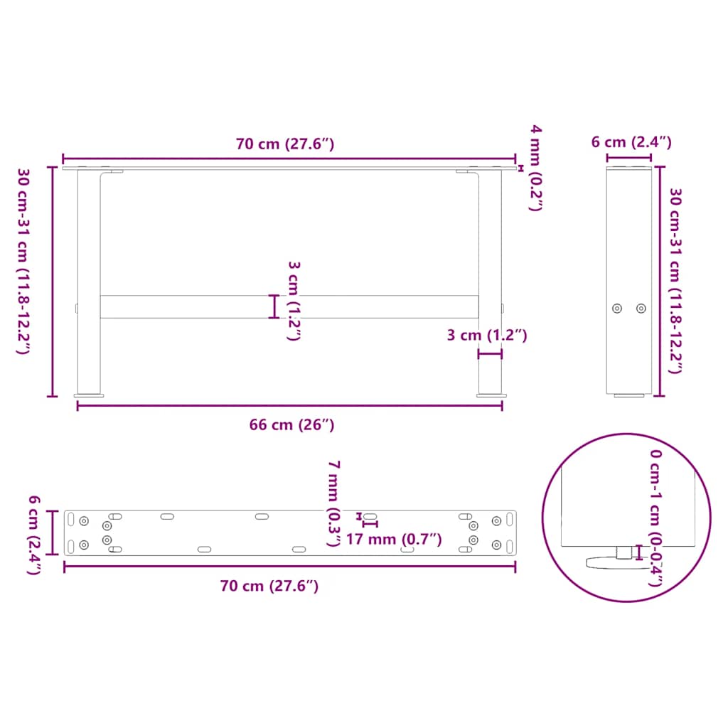 Black Steel Coffee Table Legs 2pcs, 70x(30-31)cm Sturdy Design