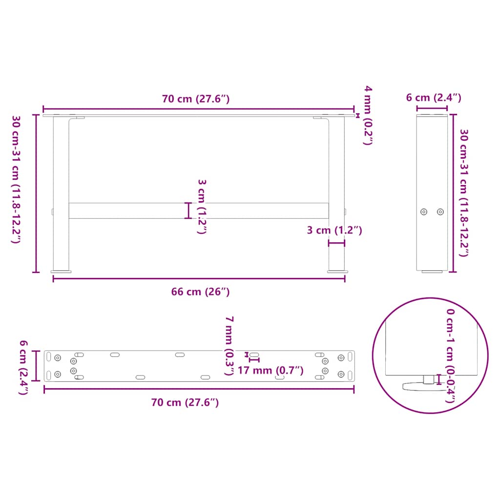 Natural Steel Coffee Table Legs, 2 Pcs, Adjustable 70x30-31 cm