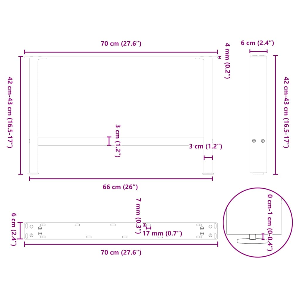 White Steel Coffee Table Legs, 2 Pieces, 70x(42-43) cm