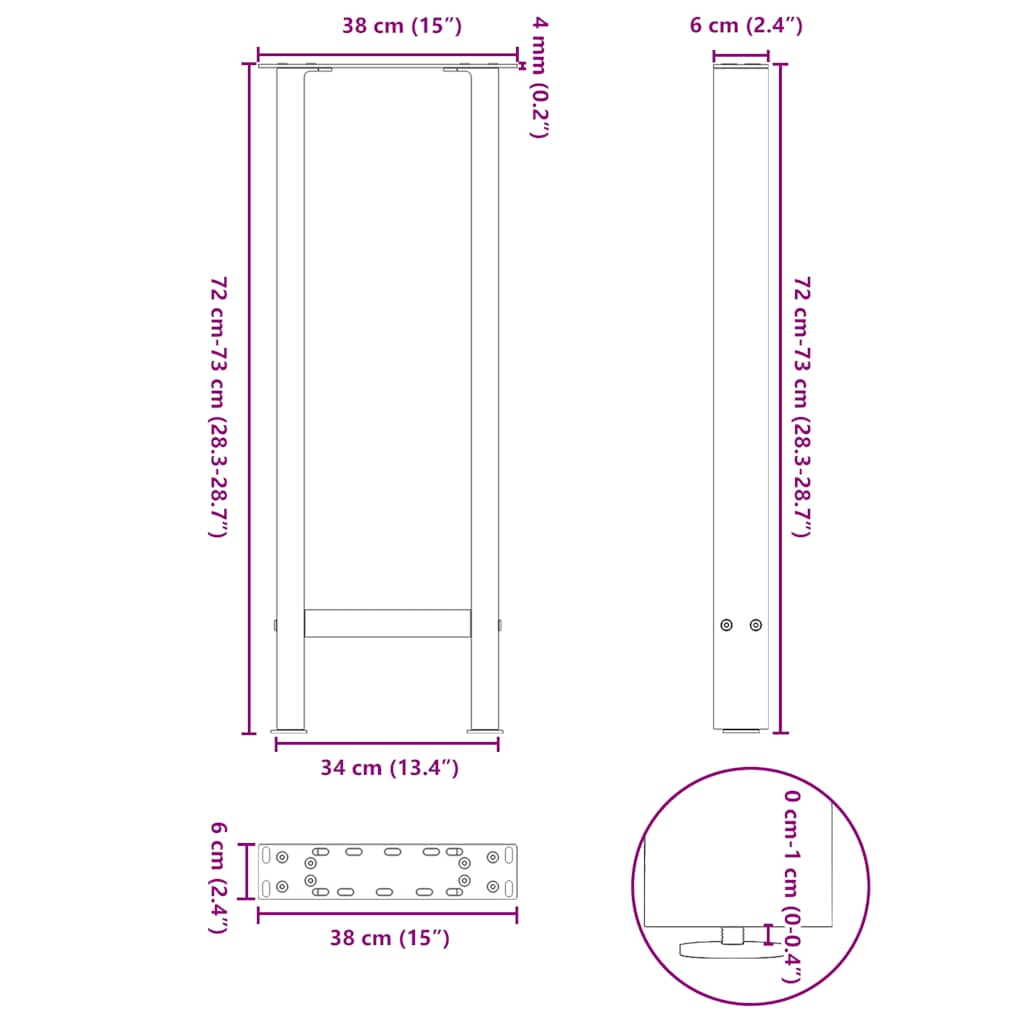 Natural Steel Console Table Legs - Set of 2, Adjustable 38x(72-73) cm