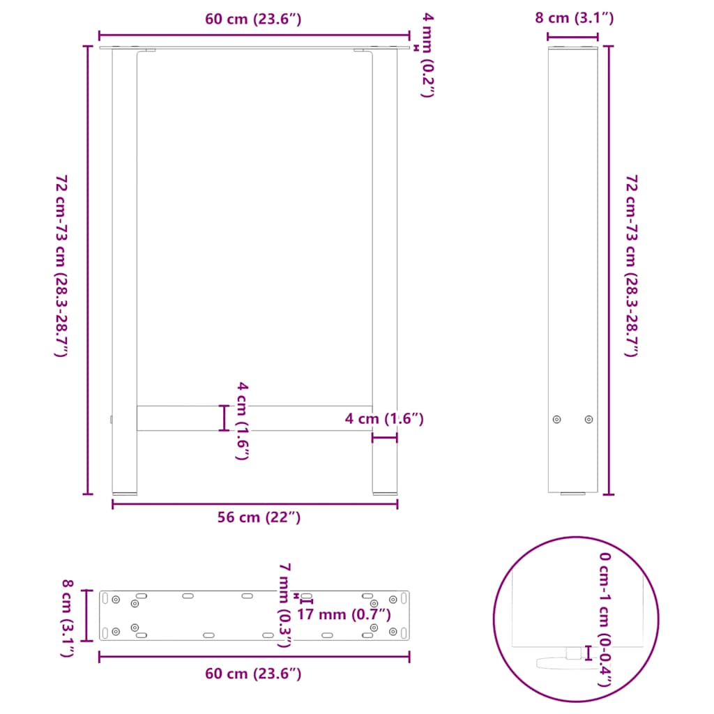 Natural Steel Dining Table Legs, Adjustable 2 Pcs 60x(72-73) cm