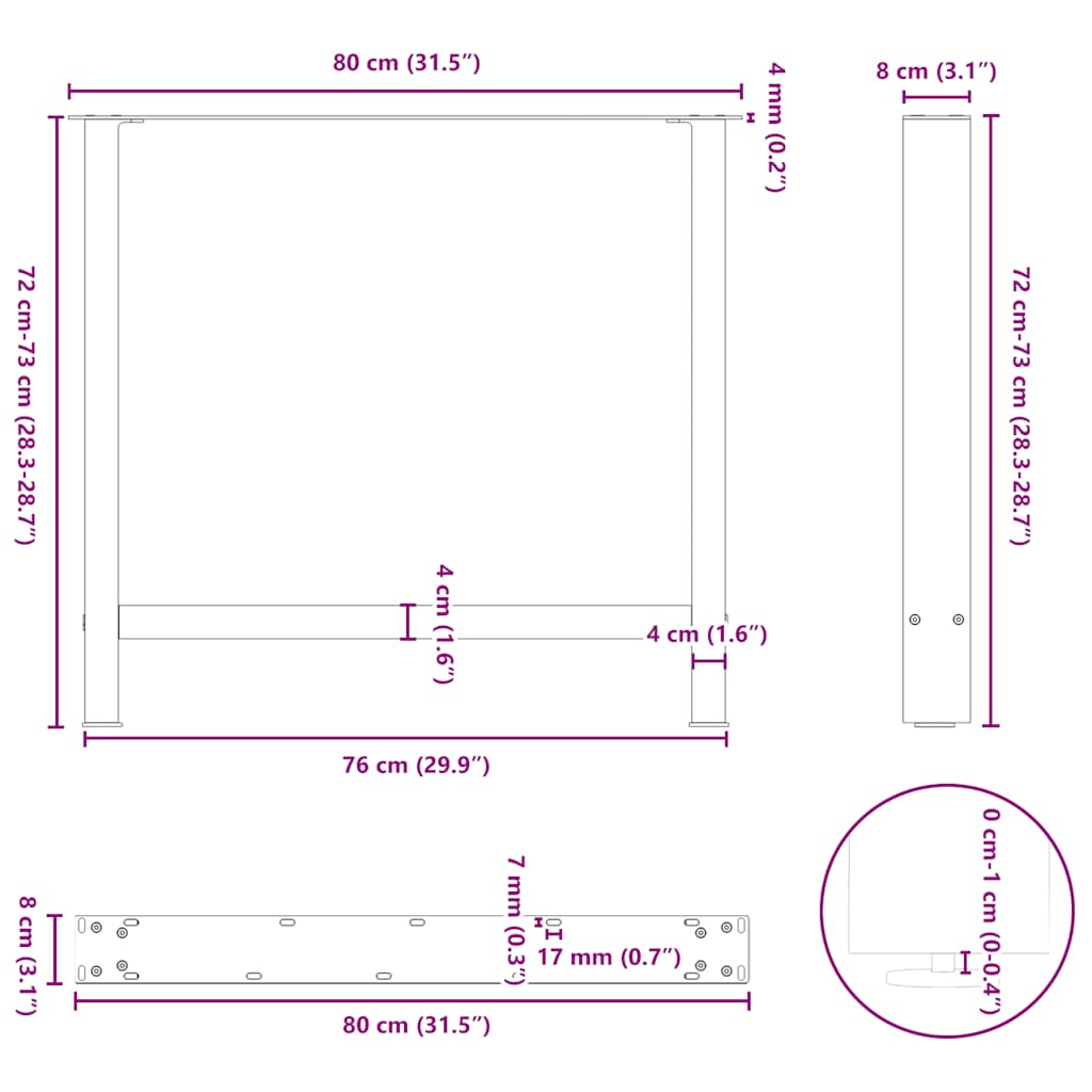 Steel Dining Table Legs, White, Set of 2, Adjustable 80x72-73 cm
