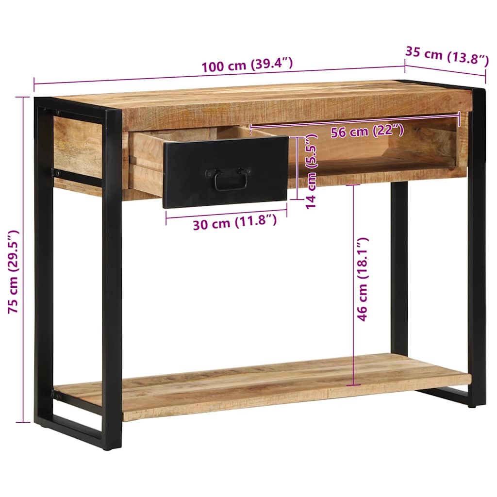 Solid Mango Wood Console Table, 100x35x75 cm, Rustic Finish