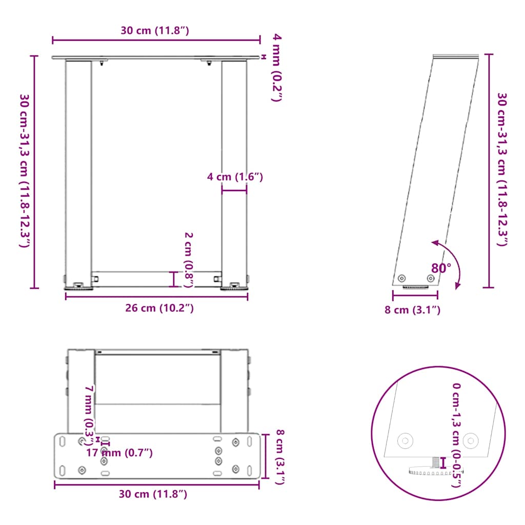 Anthracite U-Shaped Steel Coffee Table Legs 2pcs, 30x(30-31)cm