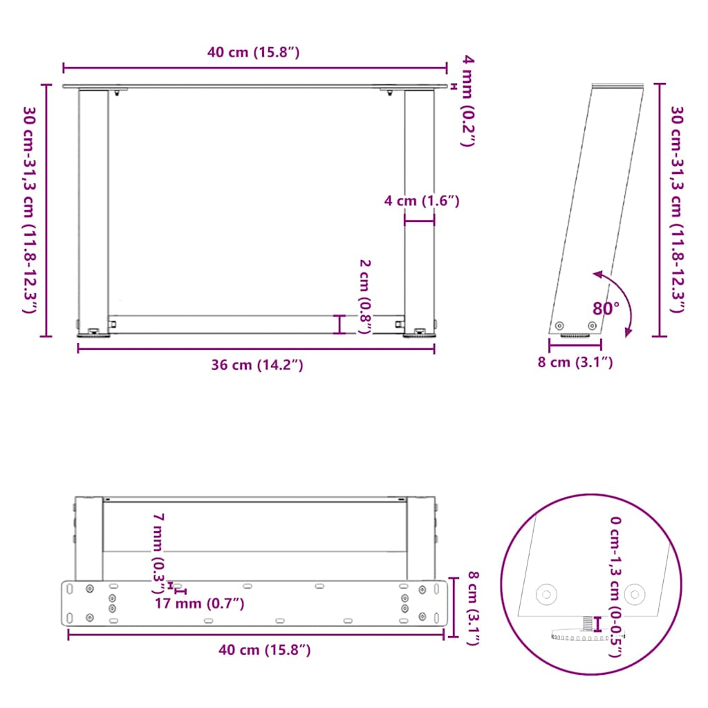 U-Shaped Natural Steel Coffee Table Legs 2 pcs, 40x(30-31) cm