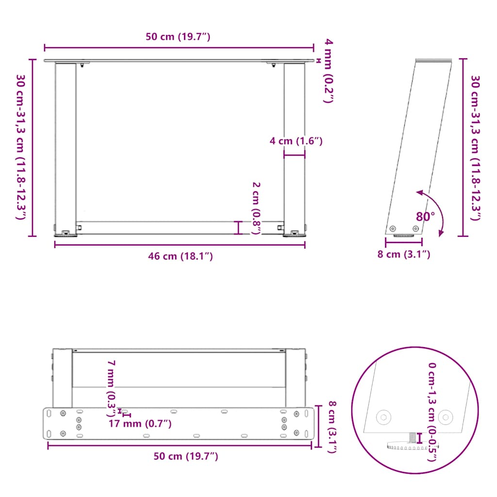 Natural Steel U-Shaped Coffee Table Legs, 50x(30-31) cm, 2 pcs