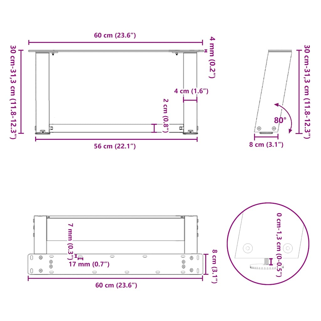 Natural Steel U-Shaped Coffee Table Legs, 2pcs, 60x30-31 cm