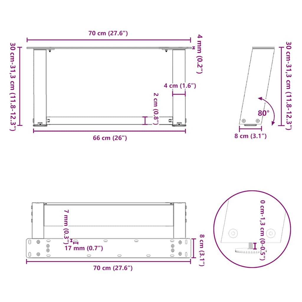 U-Shaped Black Steel Coffee Table Legs (2 pcs) 70x(30-31) cm