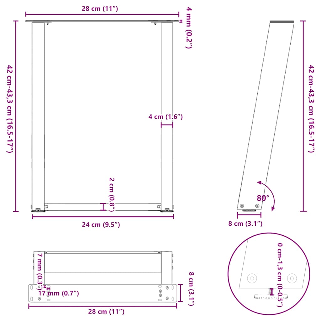 Natural Steel U-Shaped Coffee Table Legs, 2pcs, 28x42-43cm
