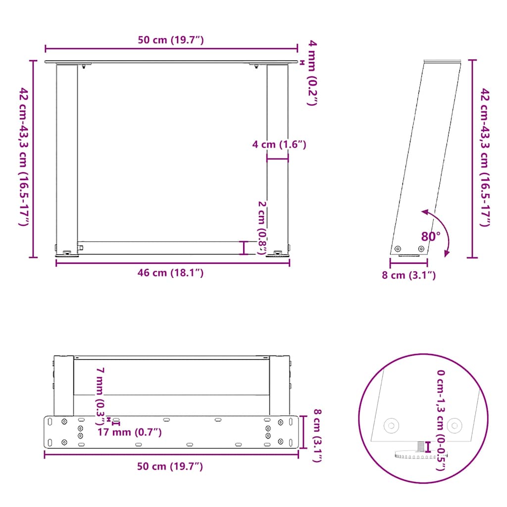 Natural Steel U-Shaped Coffee Table Legs 2pcs, 50x43cm Adjustable