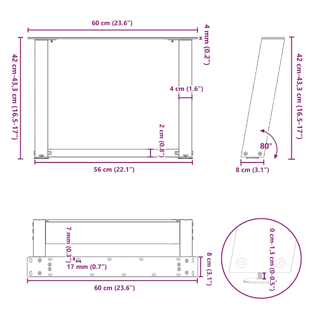 Natural Steel U-Shaped Coffee Table Legs, 2 pcs, 60x(42-43) cm