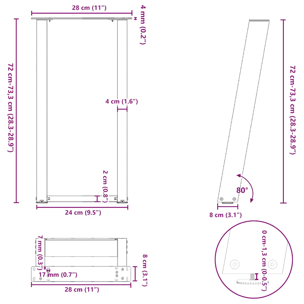 Natural Steel U-Shaped Console Table Legs, 2 Pcs, 28x(72-73) cm