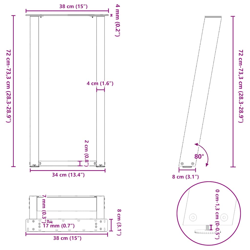 Black Steel U-Shaped Console Table Legs, 2 pcs, 38x(72-73) cm