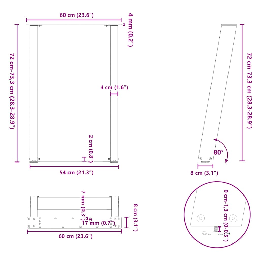 U-Shaped Anthracite Steel Dining Table Legs 2 pcs, Adjustable Height