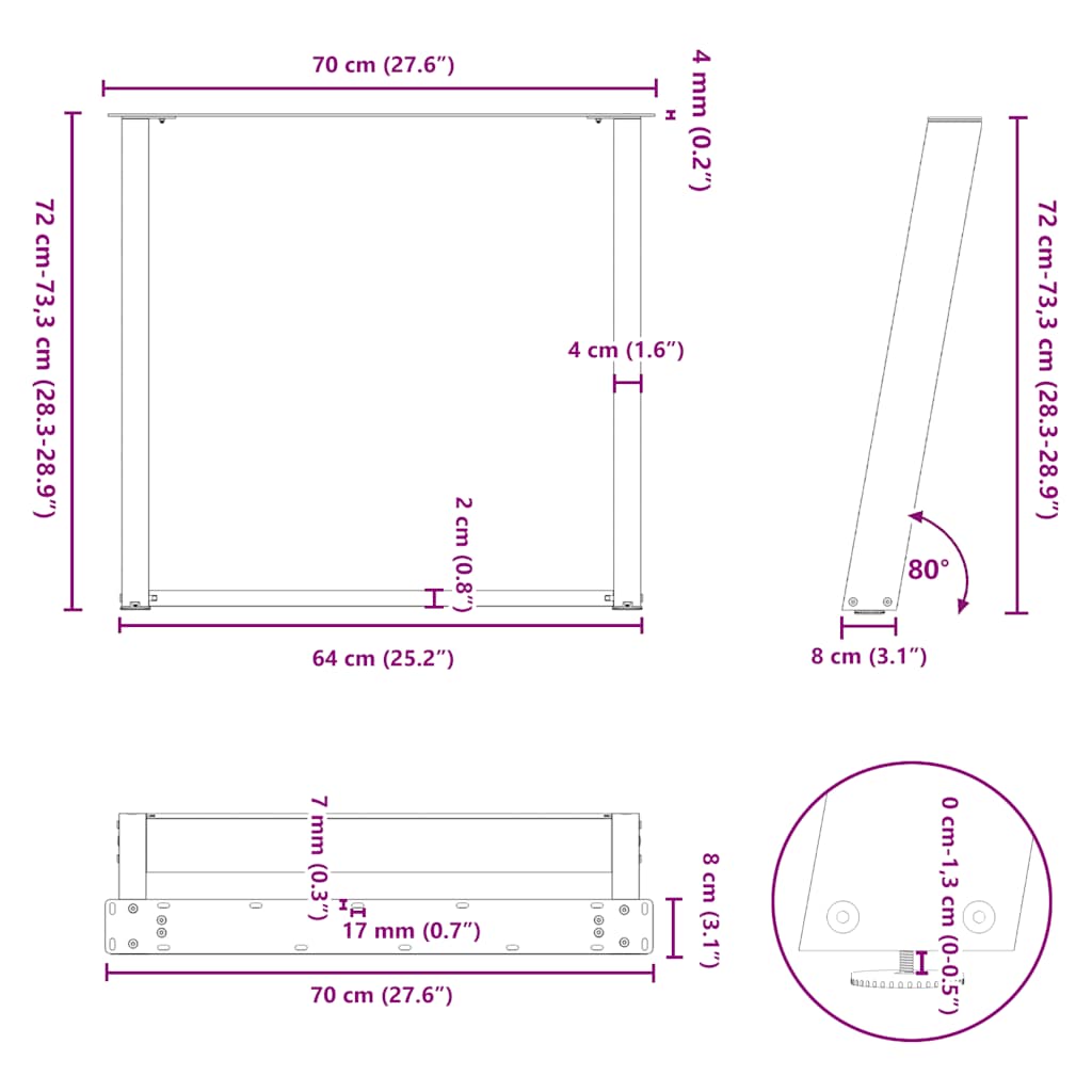 Anthracite U-Shaped Steel Dining Table Legs 2pcs, Adjustable Height
