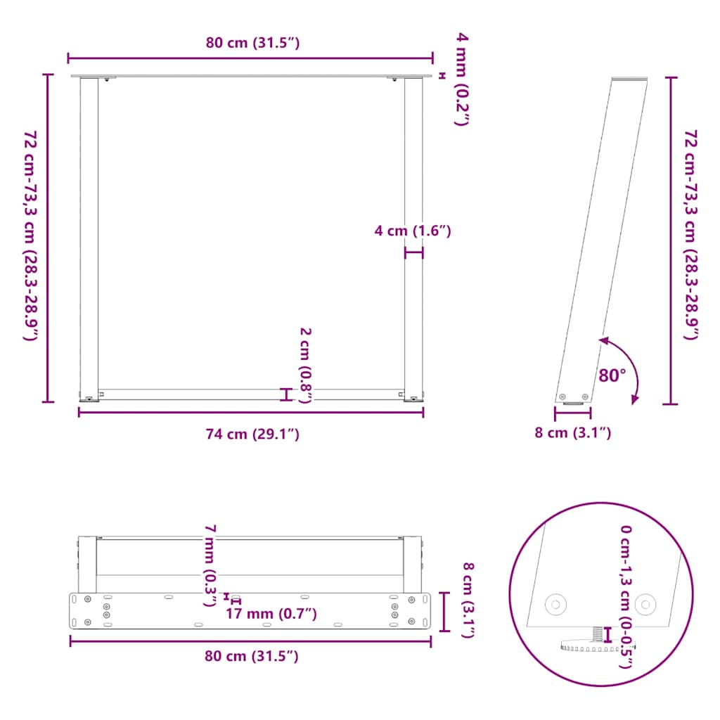 White U-Shaped Steel Dining Table Legs, 2 Pcs, 80x(72-73) cm