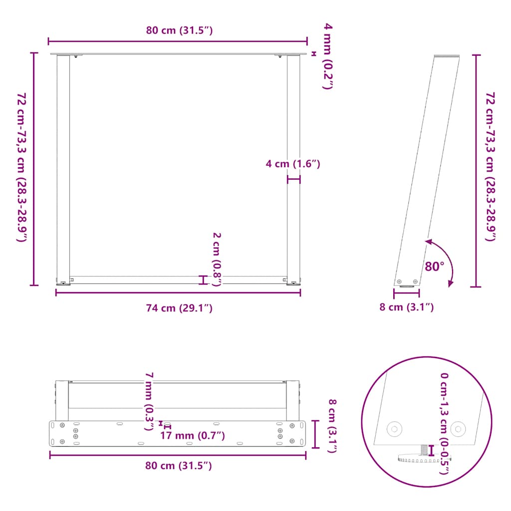 U-Shaped Dining Table Legs, Natural Steel, 80x(72-73) cm, Set of 2