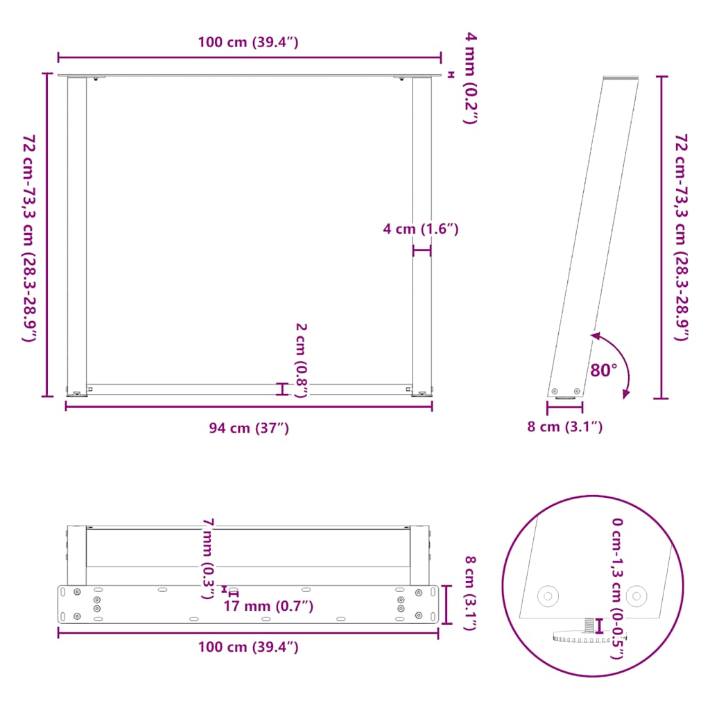 Natural Steel U-Shaped Dining Table Legs 2 pcs, 100x72-73 cm