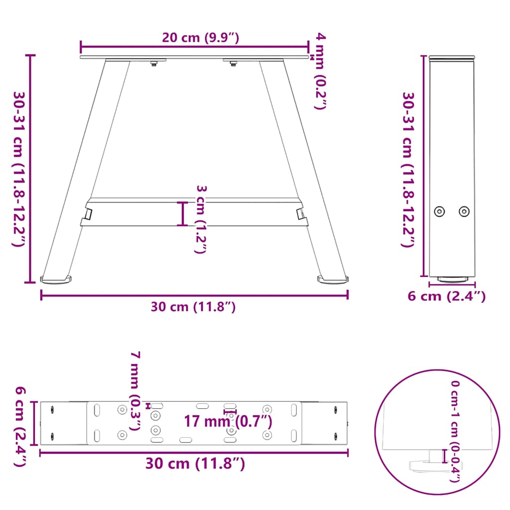 Steel A-Shaped Coffee Table Legs, 2 Pcs, 30x(30-31) cm