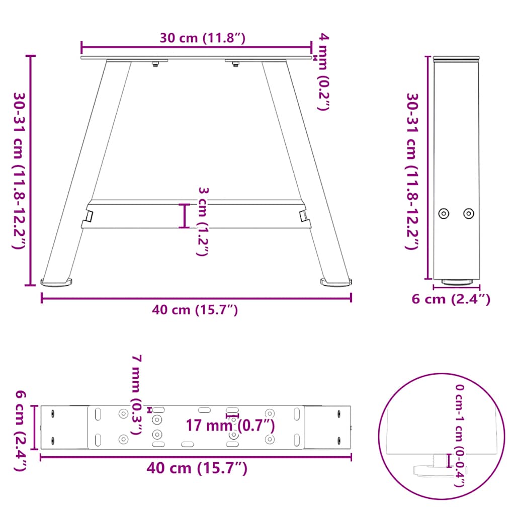 A-Shaped Black Steel Coffee Table Legs, Set of 2, Adjustable 40x30-31 cm