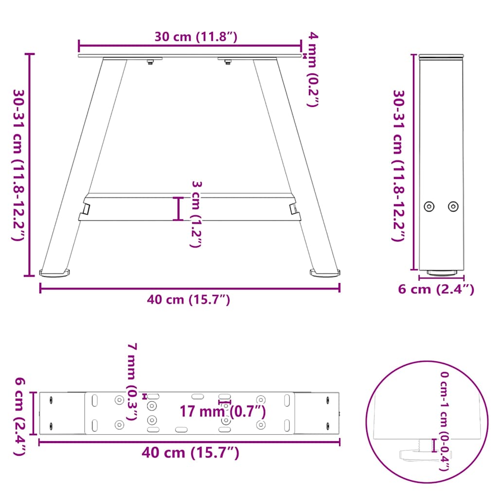 A-Shape Steel Coffee Table Legs Set, 2 pcs, 40x(30-31) cm