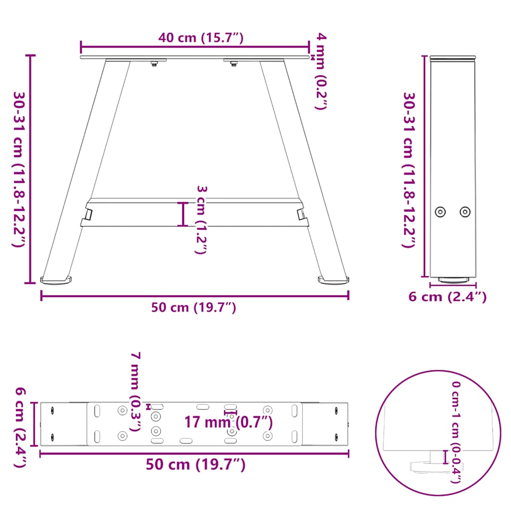 A-Shaped Black Steel Coffee Table Legs - 2 pcs, Adjustable 50x30-31cm