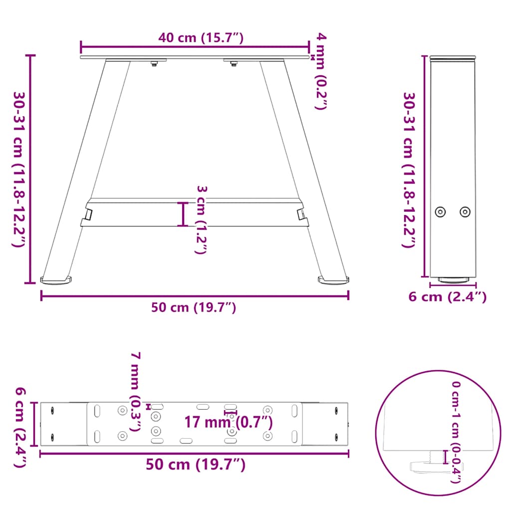 White Steel A-Shaped Coffee Table Legs, 2pcs, Adjustable 50x30-31cm