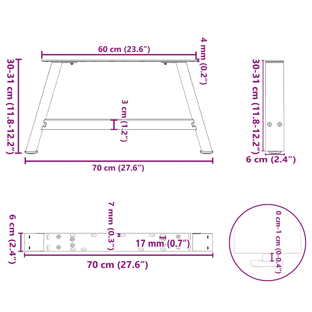 Anthracite Steel A-Shaped Coffee Table Legs, 2 pcs, 70x30-31 cm