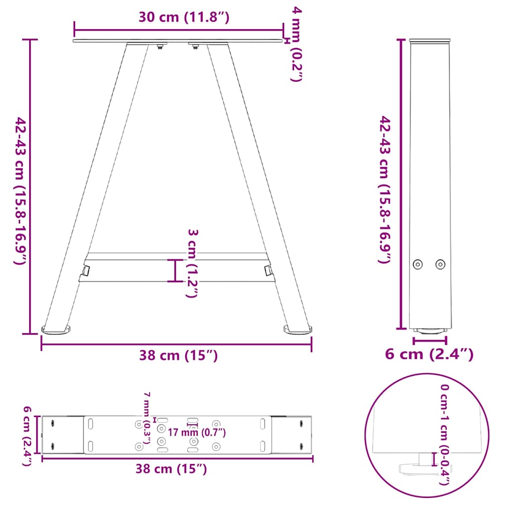 Anthracite Steel A-Shaped Coffee Table Legs, 2pcs, Adjustable 38x42-43cm