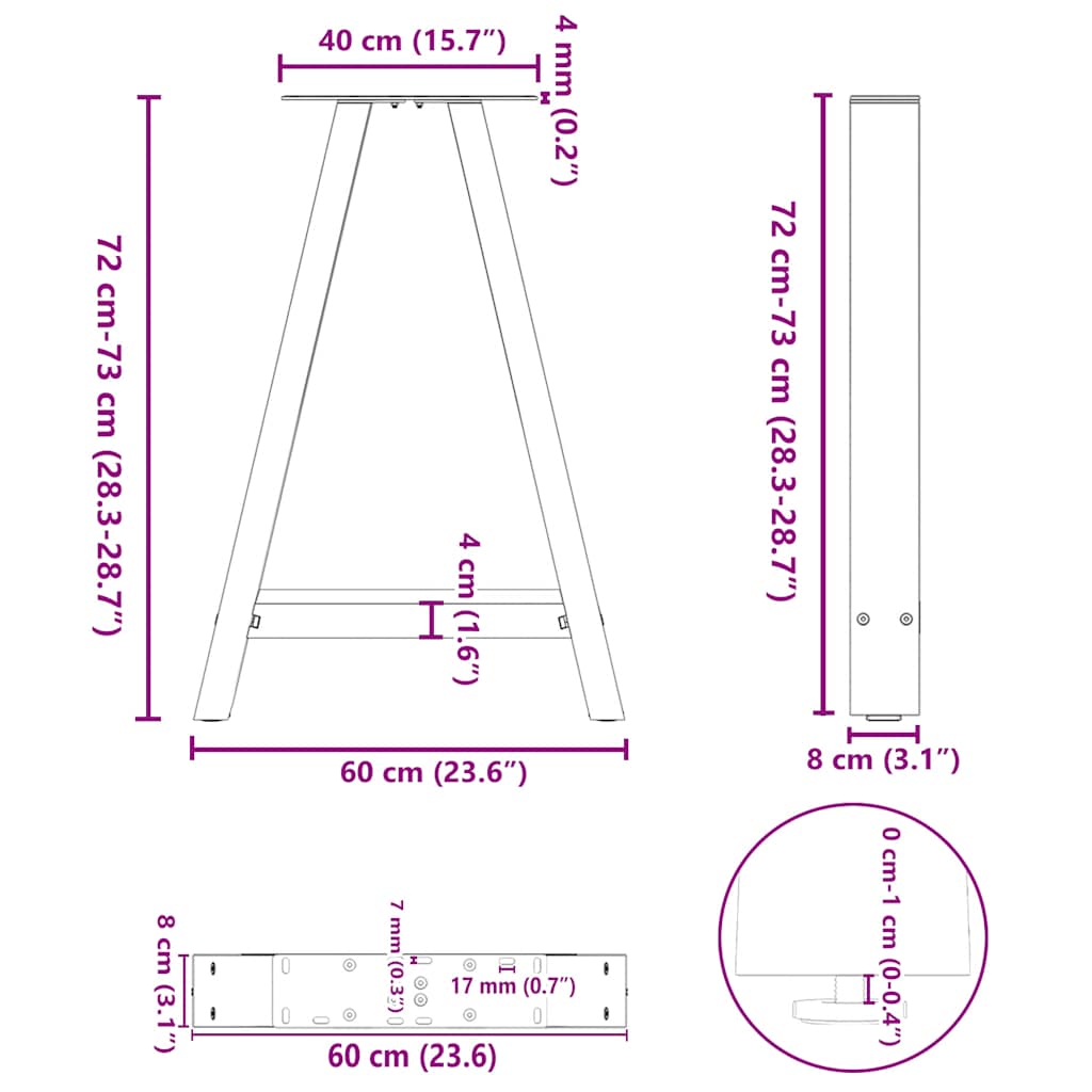Steel A-Shaped Dining Table Legs 2pcs, Adjustable 60x72-73cm