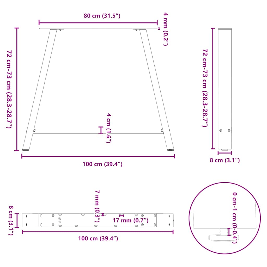 Anthracite Steel Dining Table Legs A-Shaped, 2pcs, Adjustable 100 cm