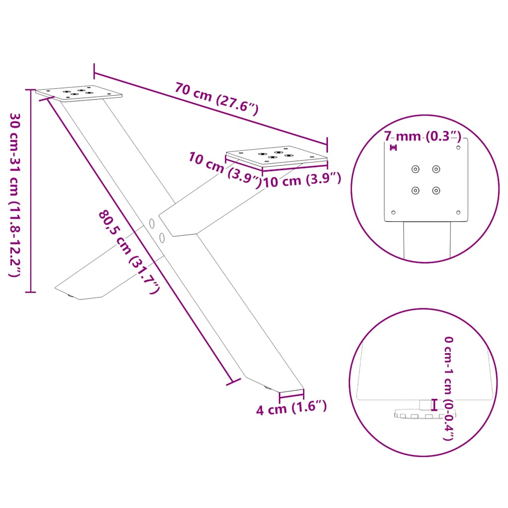 X-Shaped Natural Steel Coffee Table Legs, 2 pcs, 70x30-31 cm