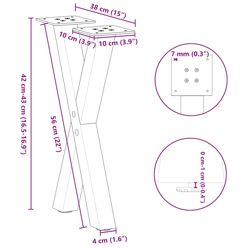 Anthracite Steel X-Shaped Coffee Table Legs 2 pcs, Adjustable 38x(42-43) cm