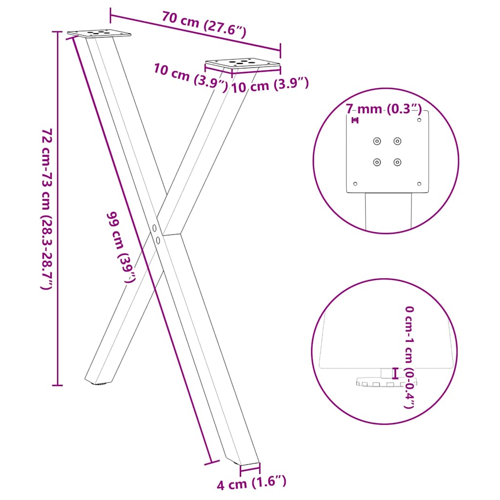Natural Steel X-Shaped Dining Table Legs 2 pcs, Adjustable 70x(72-73) cm