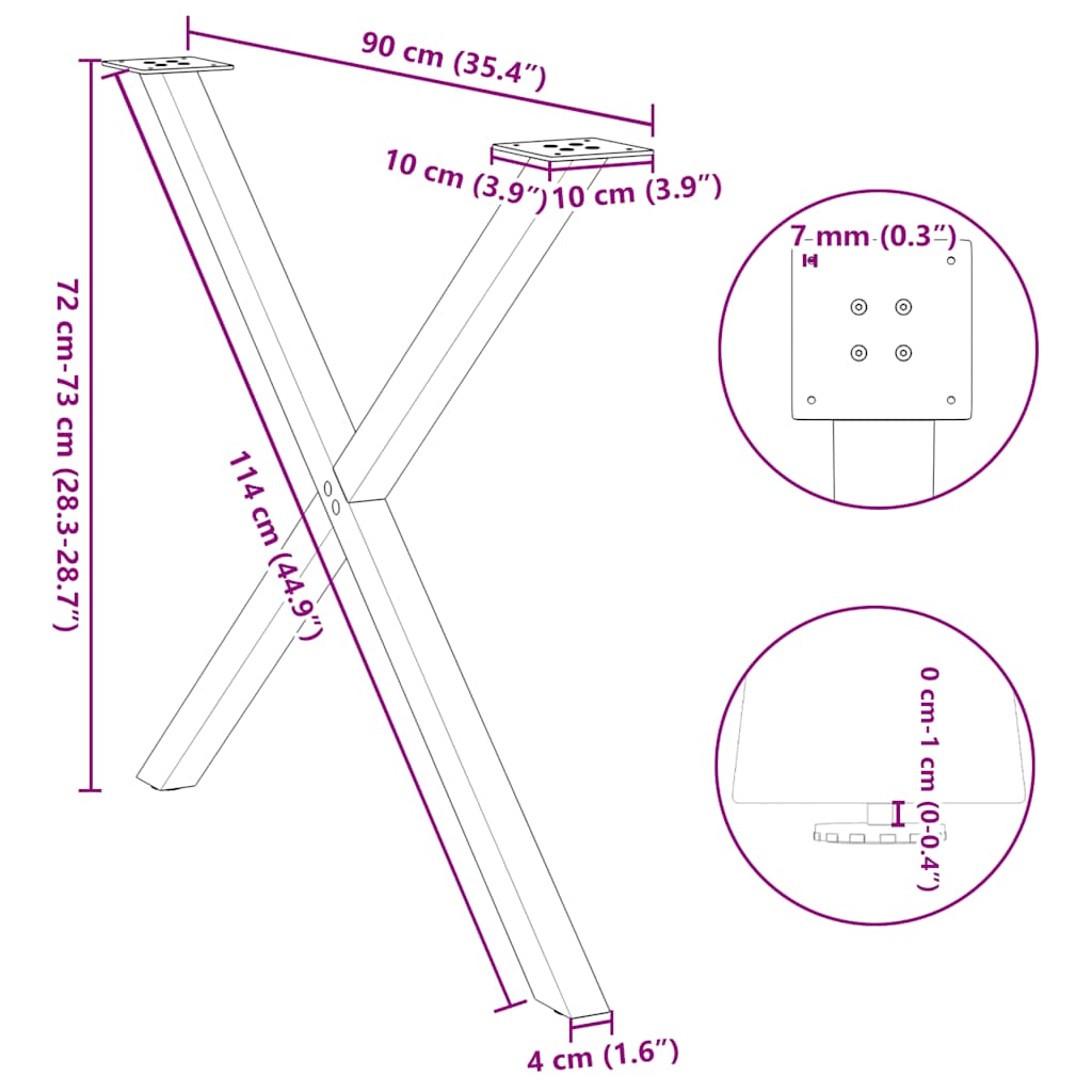 Black Steel X-Shaped Dining Table Legs, Adjustable Height (2 pcs)