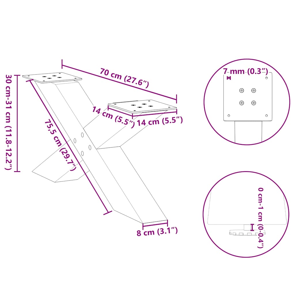 Natural Steel X-Shaped Coffee Table Legs Set - 70x30-31 cm