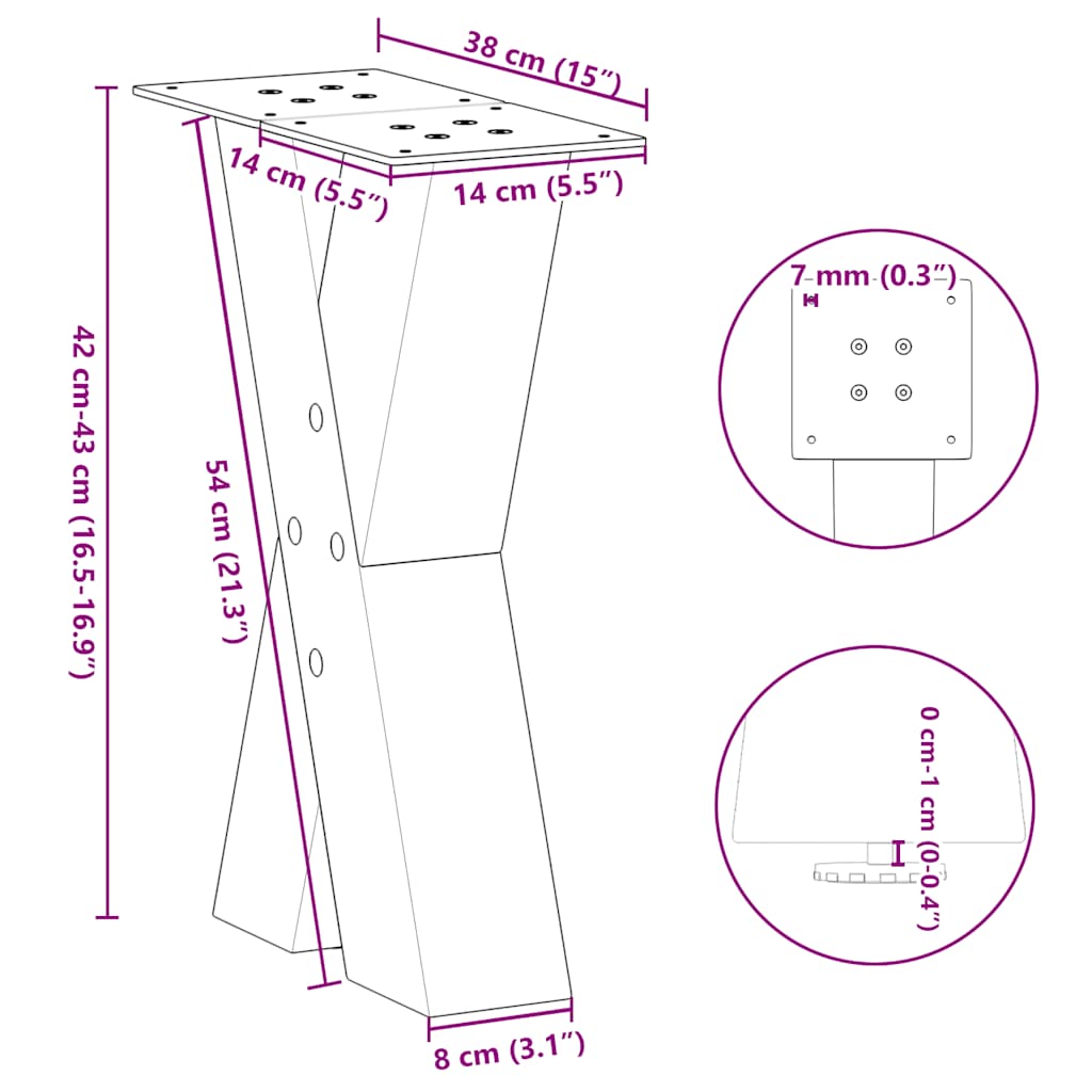 Natural Steel X-Shaped Coffee Table Legs 2 pcs, Adjustable 38x42-43 cm