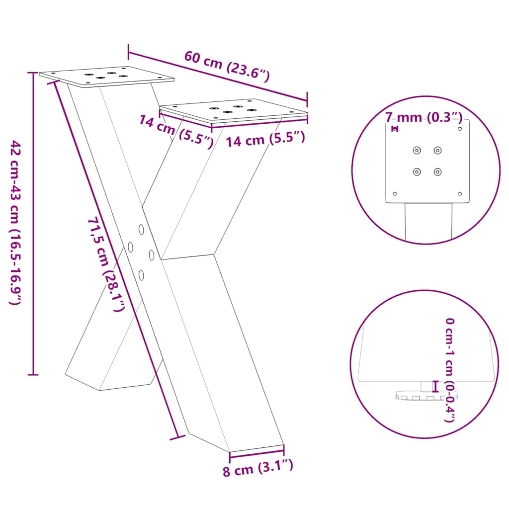 Natural Steel X-Shaped Coffee Table Legs, 2pcs, Adjustable 60cm