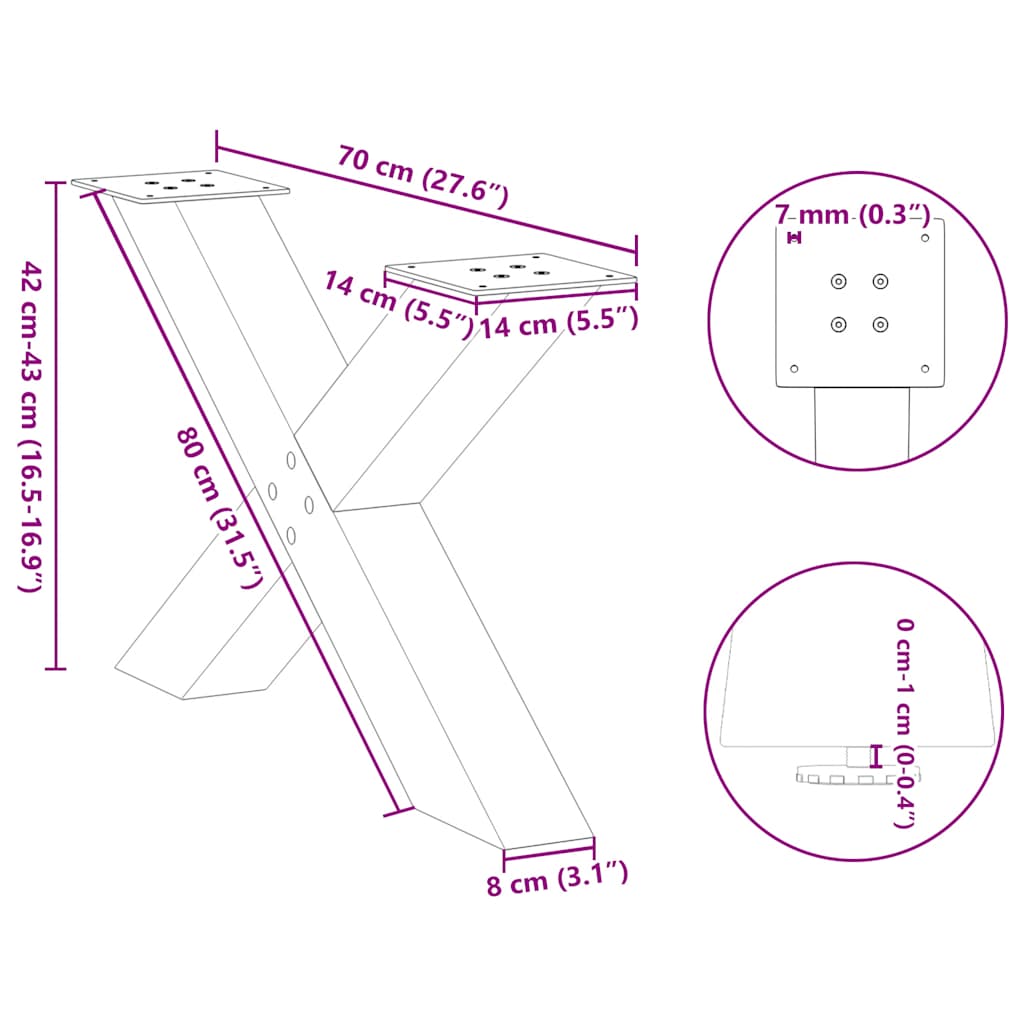 X-Shaped Black Steel Coffee Table Legs, Set of 2, Adjustable 70cm