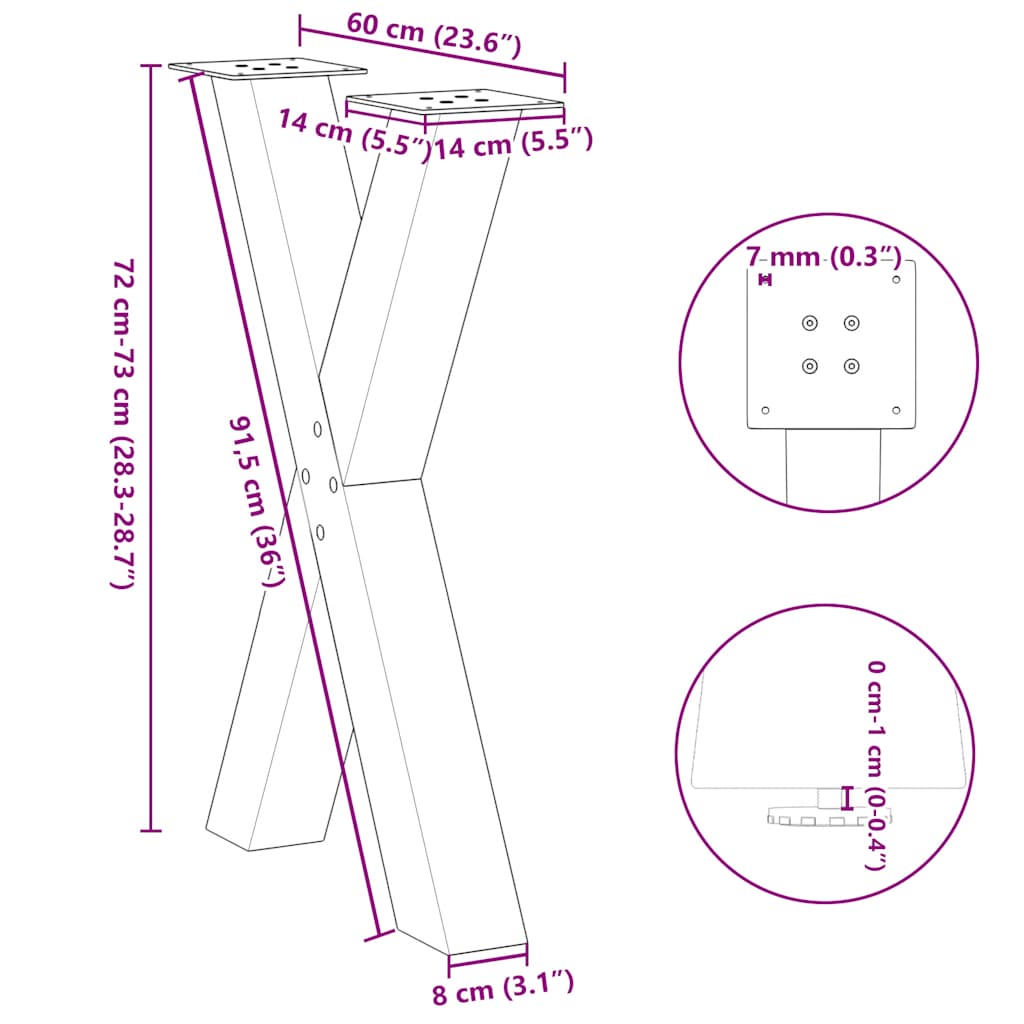 Black Steel X-Shaped Dining Table Legs 2pcs, 60x72-73cm