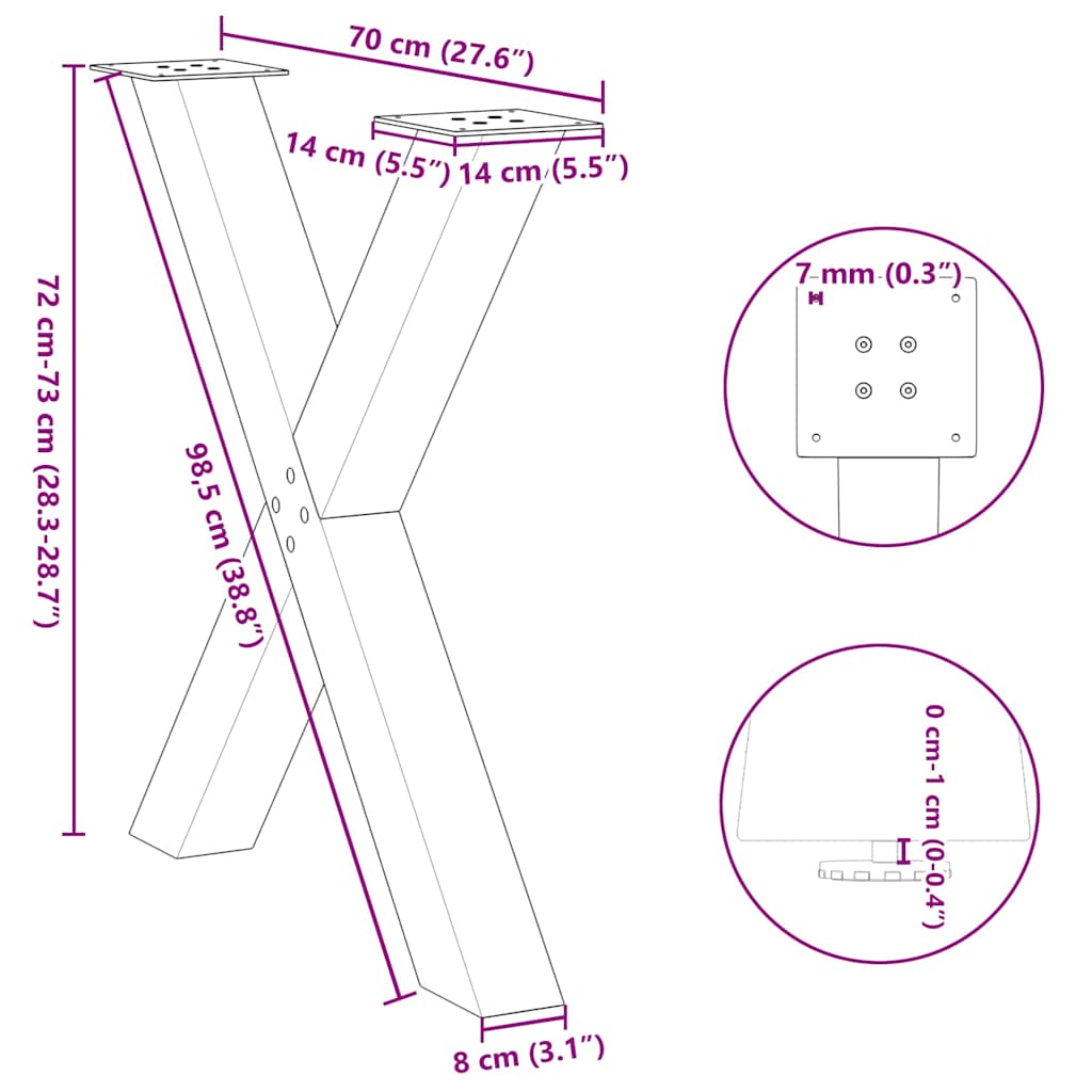 Natural Steel X-Shaped Dining Table Legs, 2 Pcs, Adjustable 70-73cm